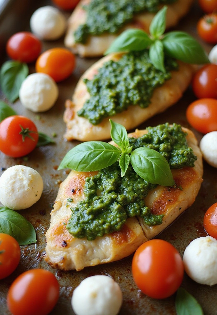 20 Sheet Pan Chicken Dinners That Are Zero-Stress & Full Flavor - 9. Pesto Chicken with Cherry Tomatoes and Mozzarella
