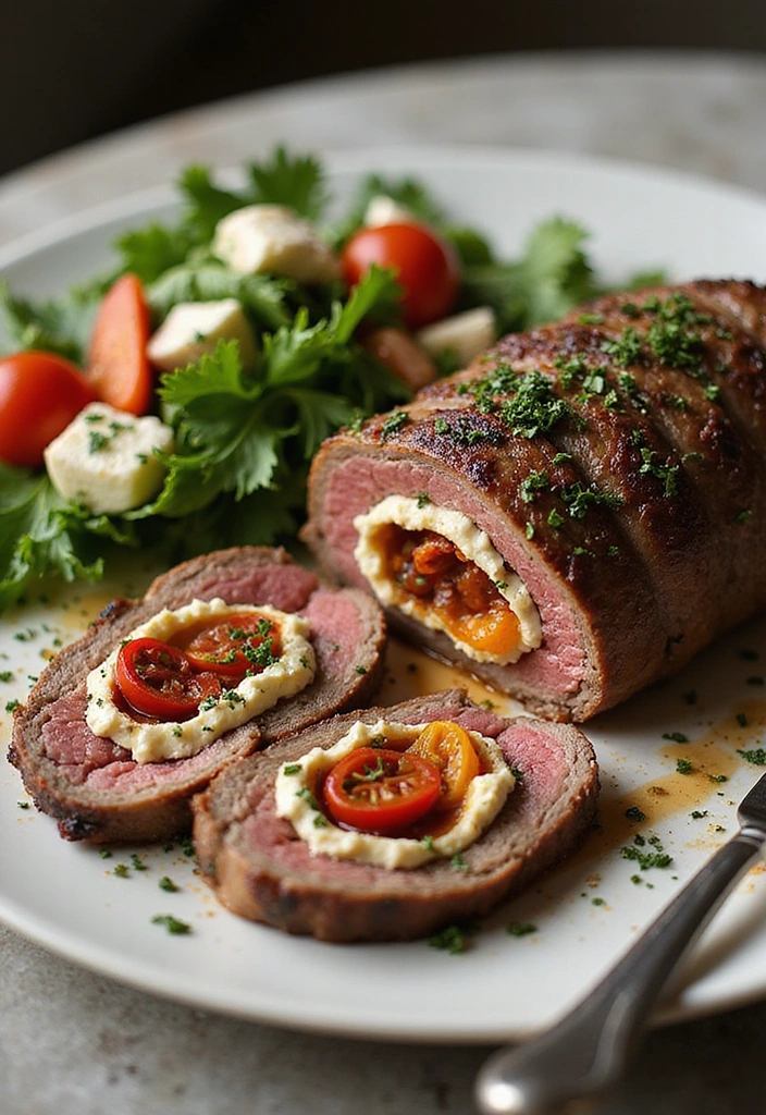 18 Cast Iron Steak Recipes That Deliver That Perfect Sear - 21. Mediterranean Stuffed Flank Steak